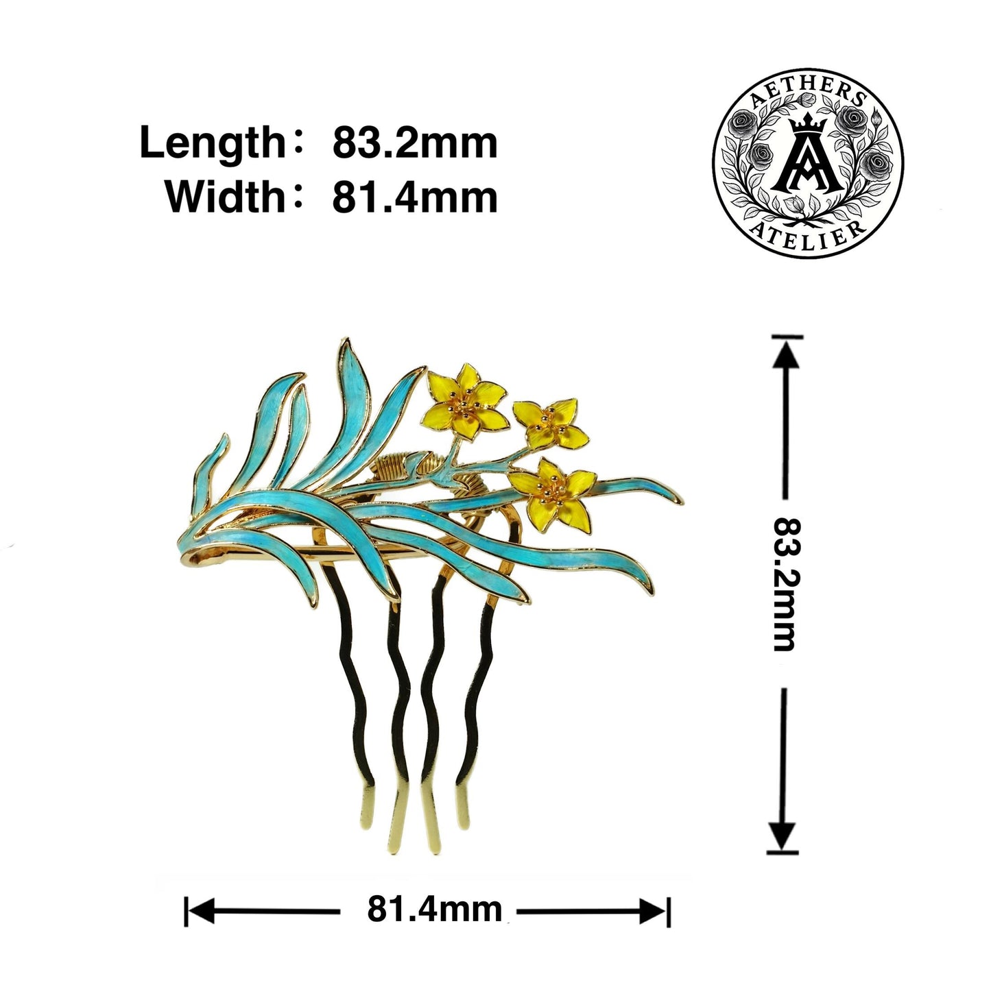 Daffodil Hair Comb, Blue Feather Floral Hair Slide, Gold Narcissus Jewelry, Unique Gift for Her, Dian Cui