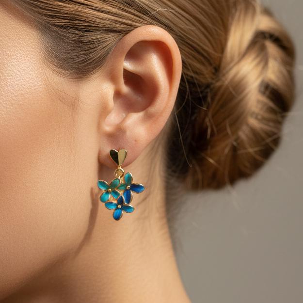 Blue Hydrangea Flower Stud Earrings, Feather Art Jewelry, Vintage Style Forget Me Not, Romantic Gold Heart Gift for Her