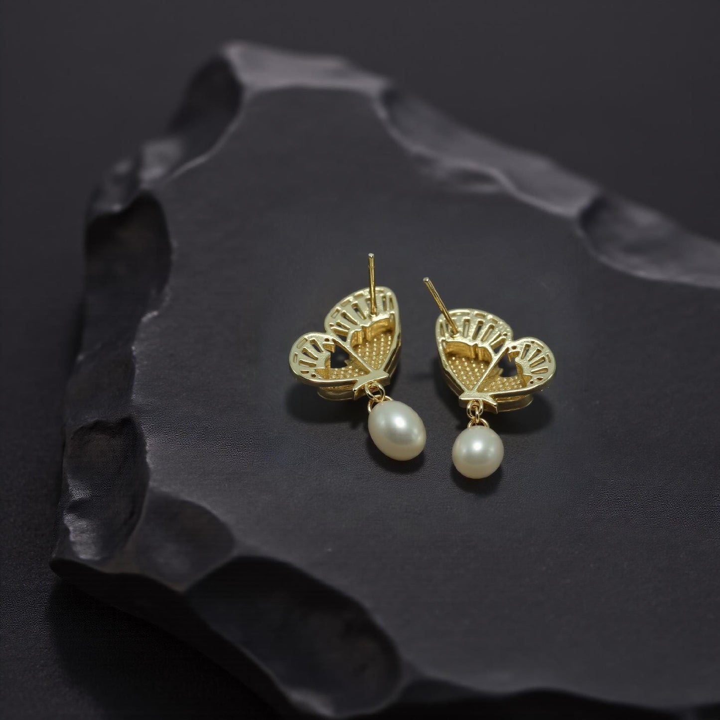 Butterfly Earrings with Pearl, Peacock Feather, Vintage Statement Jewelry