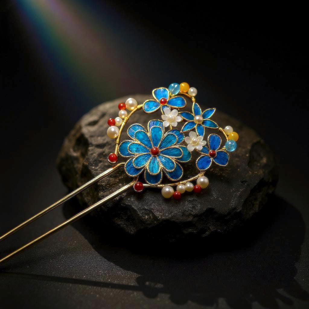 Exquisite Floral Hair Pin, Fine Peacock Feather Art, Classic Chinoiserie Jewelry, Statement Gemstone Hairpiece