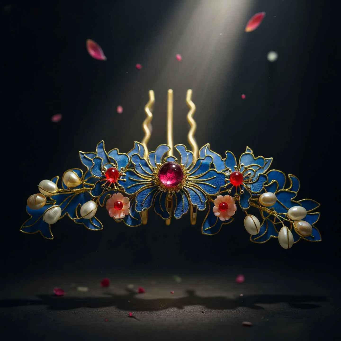 Elaborate Blue Flower Hair Comb, Vintage Style Art Pin with Pearls & Agate