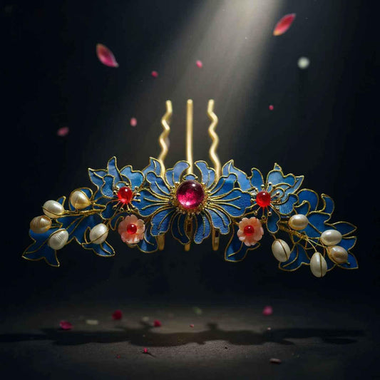 Elaborate Blue Flower Hair Comb, Vintage Style Art Pin with Pearls & Agate
