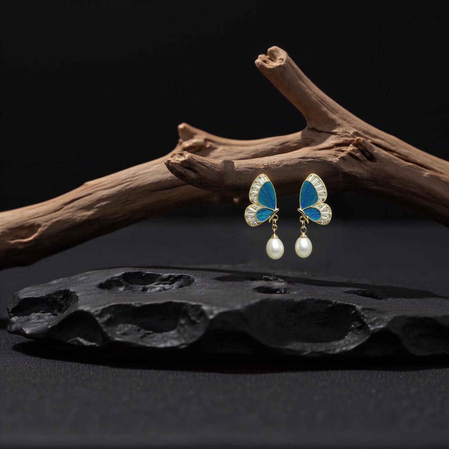 Butterfly Earrings with Pearl, Peacock Feather, Vintage Statement Jewelry