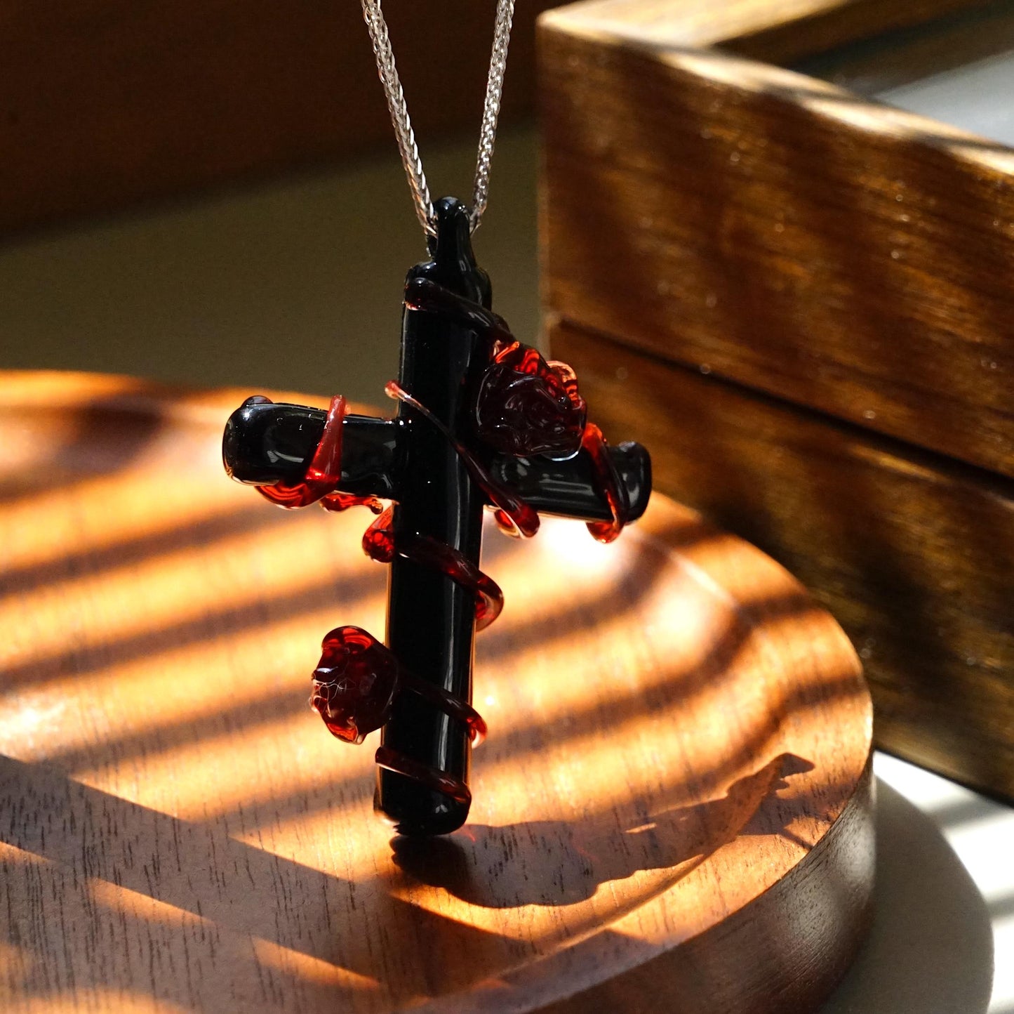 Vampire Goth Cross Necklace, Bleeding Rose Thorn Pendant, Lampwork Glass Black Red Jewelry, Dark Romantic Whimsigoth Gift