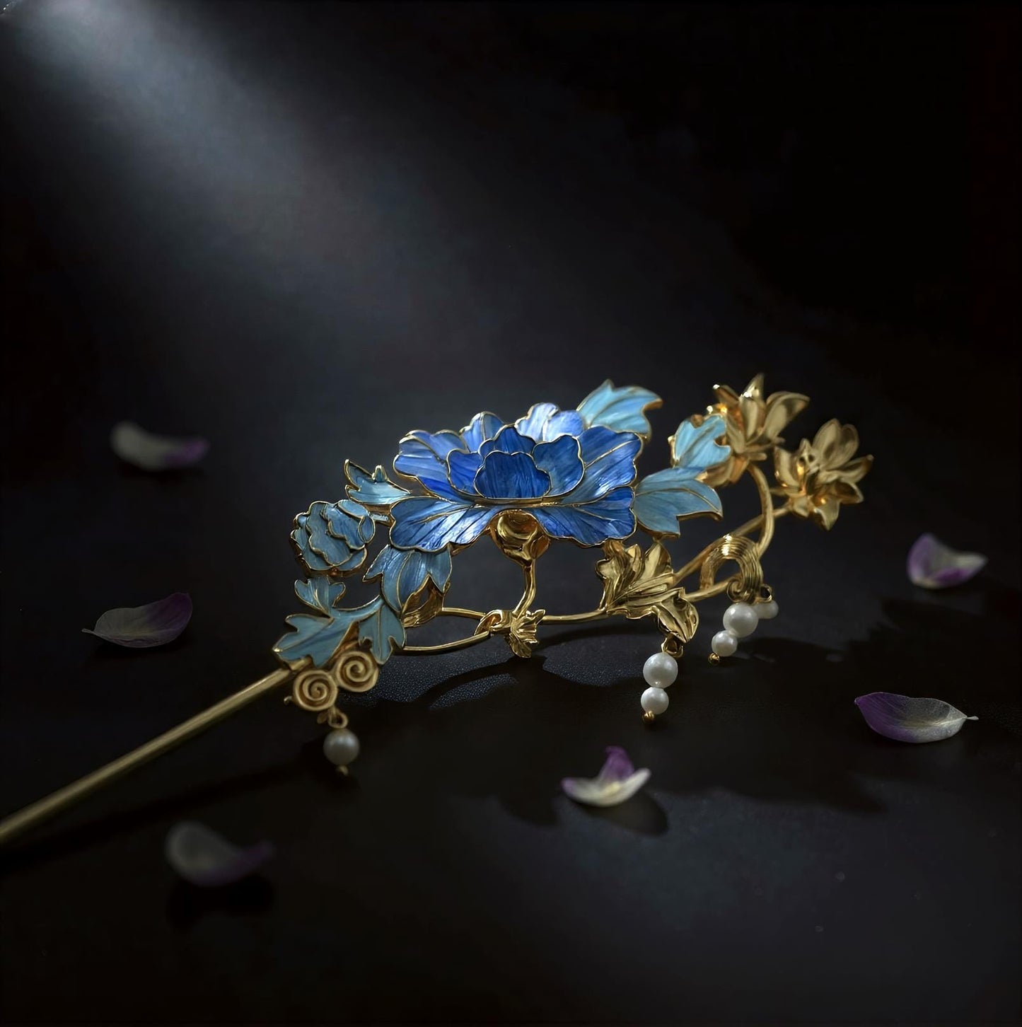 Artisan Floral Hair Pin with Feather & Pearls, Statement Hairpiece, Special Occasion Updo, Dian Cui/ Tian Tsui Art