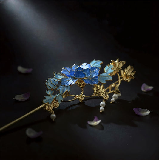 Artisan Floral Hair Pin with Feather & Pearls, Statement Hairpiece, Special Occasion Updo, Dian Cui/ Tian Tsui Art