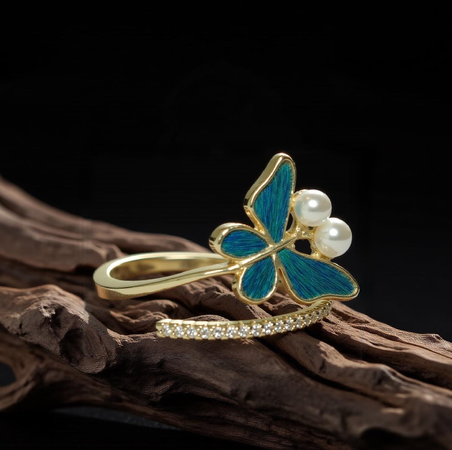 Butterfly Ring: Peacock Blue Feather, Gold Vine, Zircon - Adjustable