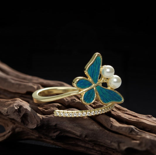 Butterfly Ring: Peacock Blue Feather, Gold Vine, Zircon - Adjustable