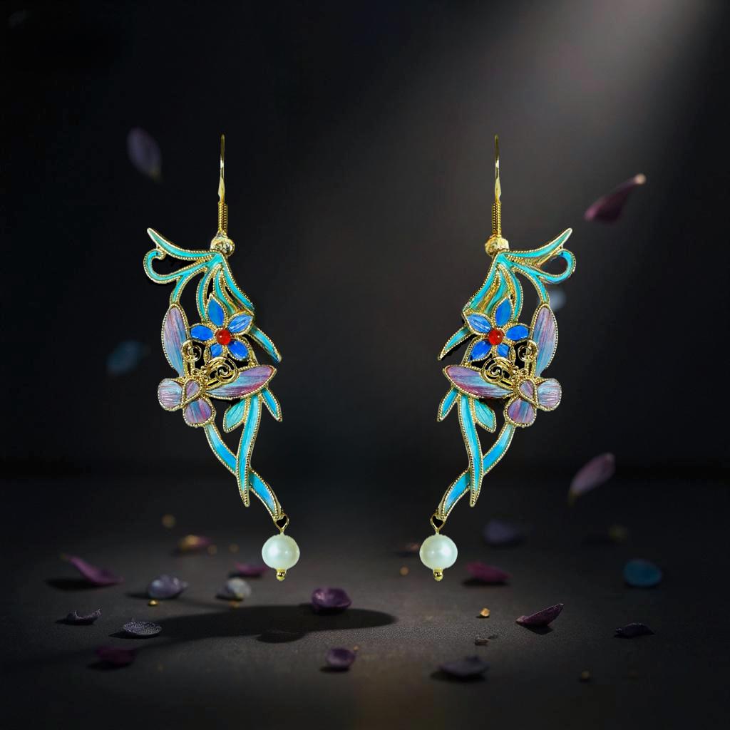 Enchanted Garden Earrings with Butterfly & Pearl, Floral Statement Dangle, Wearable Art, Unique Gift for Her