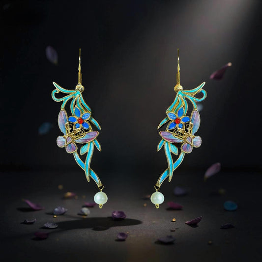 Enchanted Garden Earrings with Butterfly & Pearl, Floral Statement Dangle, Wearable Art, Unique Gift for Her