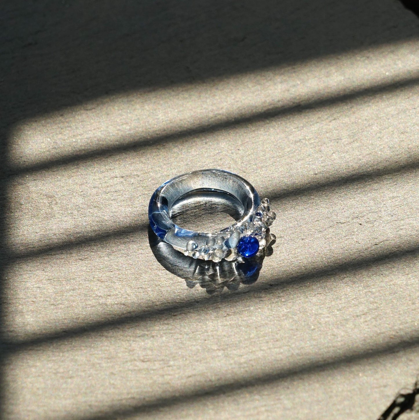 Handmade Blue Bubble Glass Ring, Murano Style Lampwork, Ocean Mermaid Jewelry, Clear to Blue Ombre Band, Unique Gift For Her
