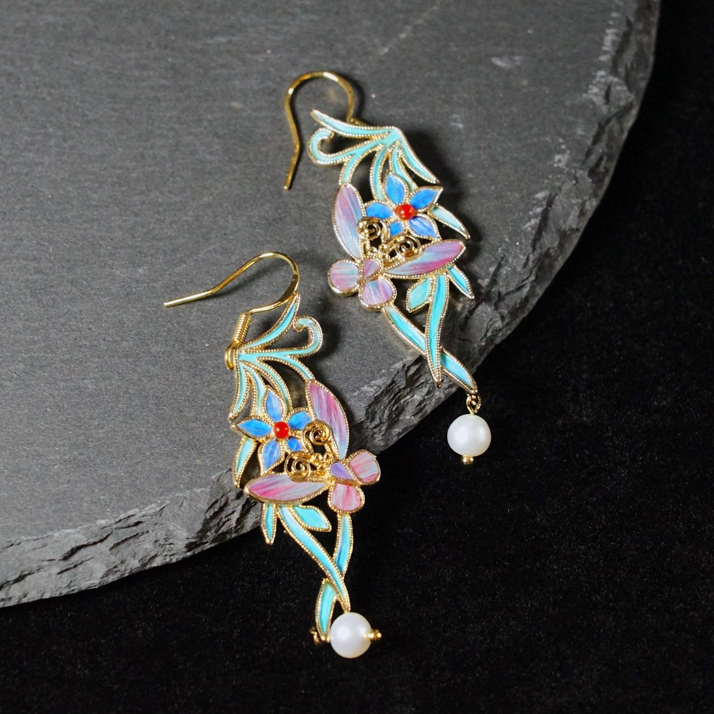 Enchanted Garden Earrings with Butterfly & Pearl, Floral Statement Dangle, Wearable Art, Unique Gift for Her