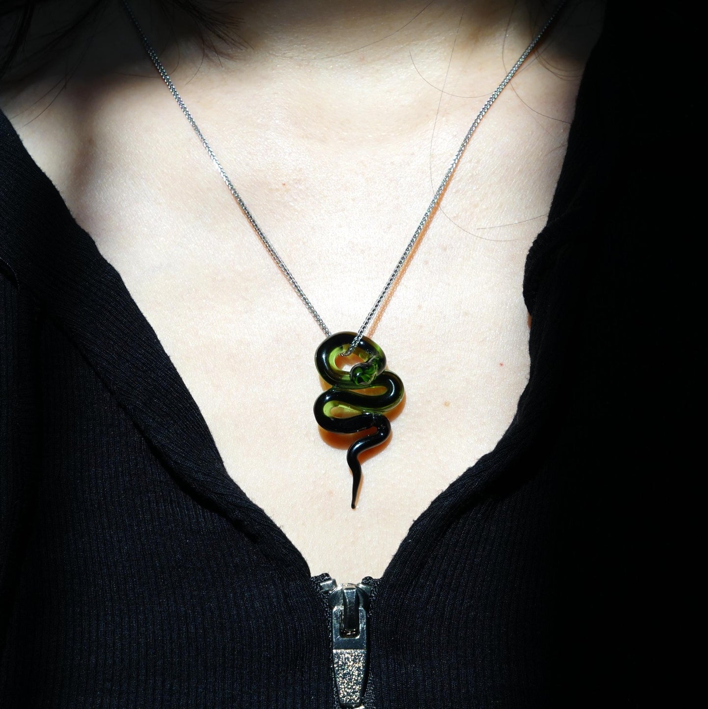 Handmade Glass Snake Necklace, Green Serpent Pendant, Lampwork Emerald Jewelry, Dark Academia Witchy Gift