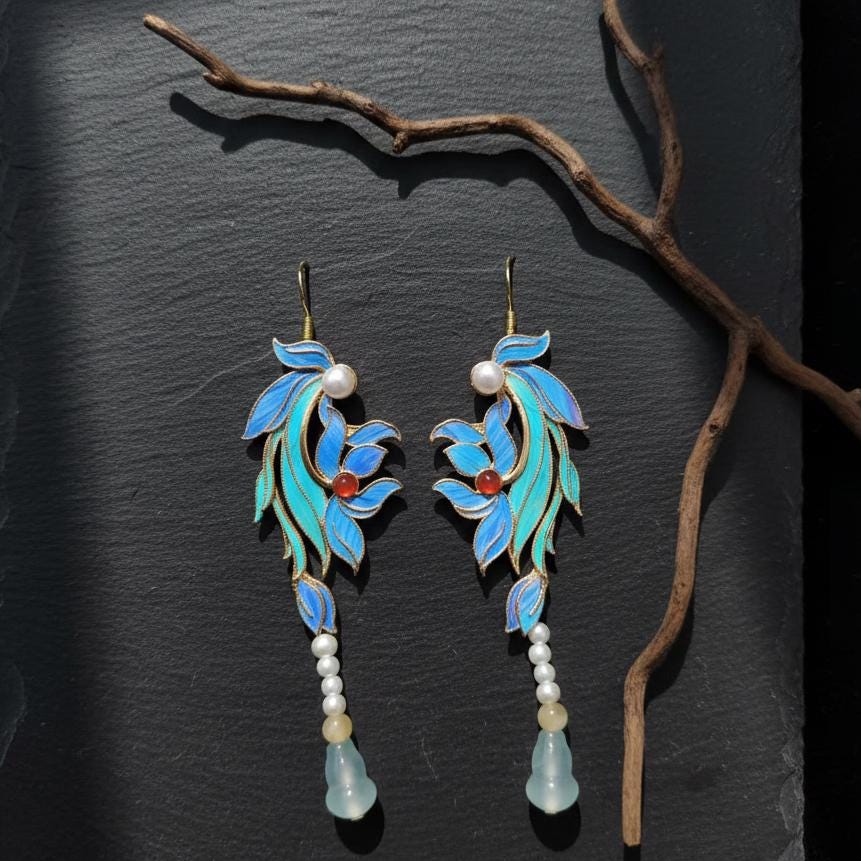 Blue Iris Flower Drop Earrings, Feather Art Nouveau Jeweley, Vintage Style Orchid Dangle, Unique Artisan Gift for Her