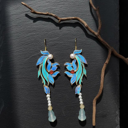 Blue Iris Feather Drop Earrings