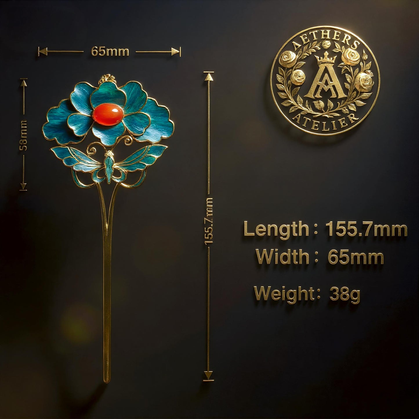 Dian Cui Butterfly Hairpin with Red Agate, Vintage Floral Hair Stick, Art Piece Gift for Her