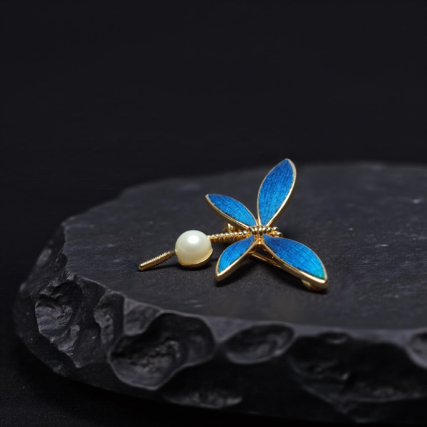 Dragonfly Brooch with Pearl Drop, Art Nouveau Peacock Feather Pin, Transformation Symbol Gift for Her