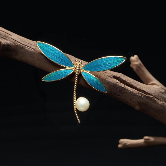 Dragonfly Brooch with Pearl Drop, Art Nouveau Peacock Feather Pin, Transformation Symbol Gift for Her