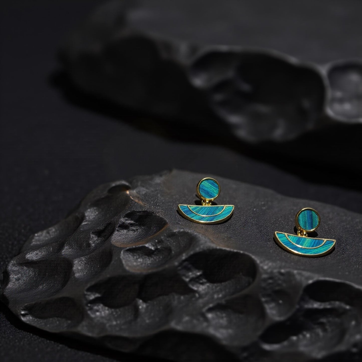 Feather Inlay Earrings: Handmade Gold & Teal Peacock Jewelry