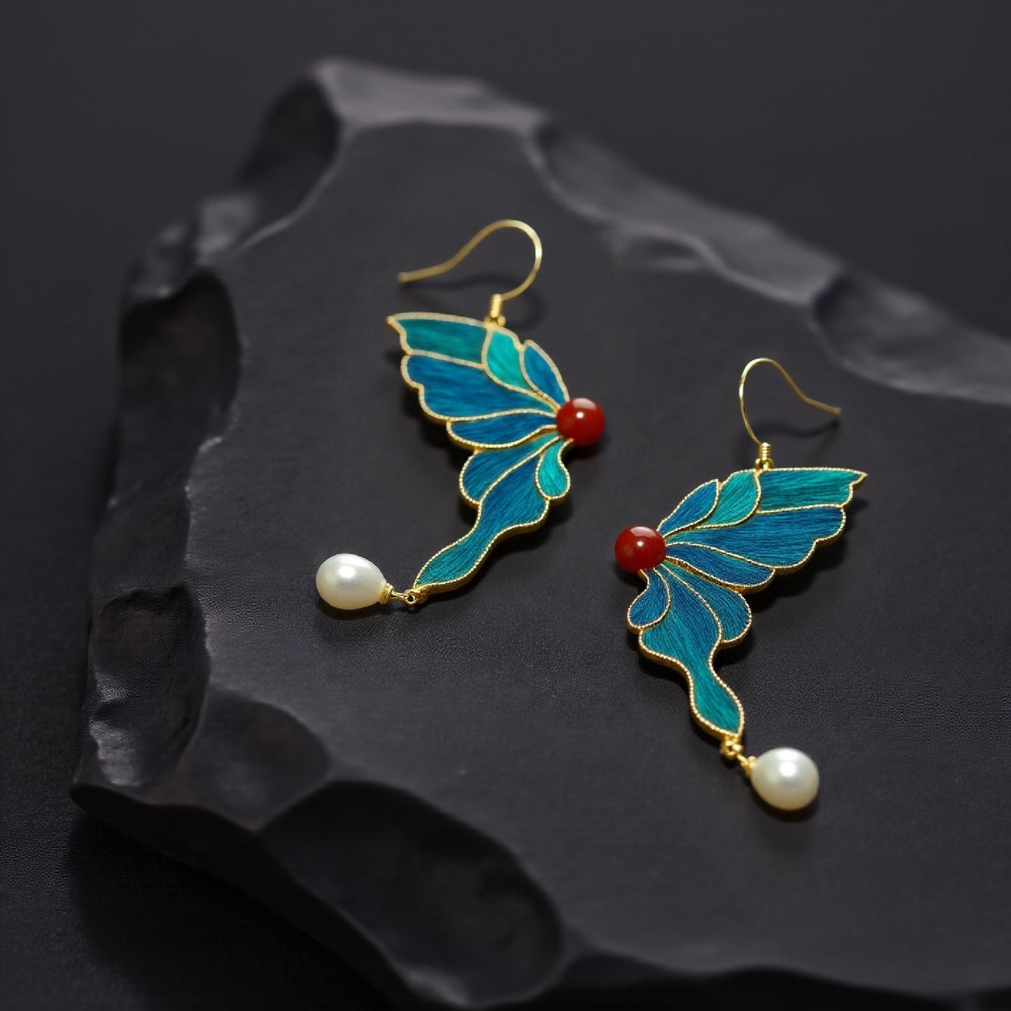 Agate Pearl Butterfly Earrings, Gold Art Nouveau Dangle with Peacock Feather, Unique Gift for Her