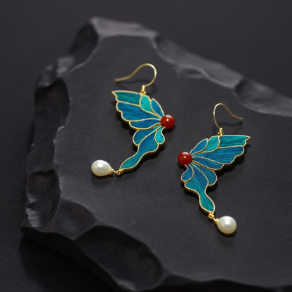 Agate & Pearl Butterfly Feather Earrings