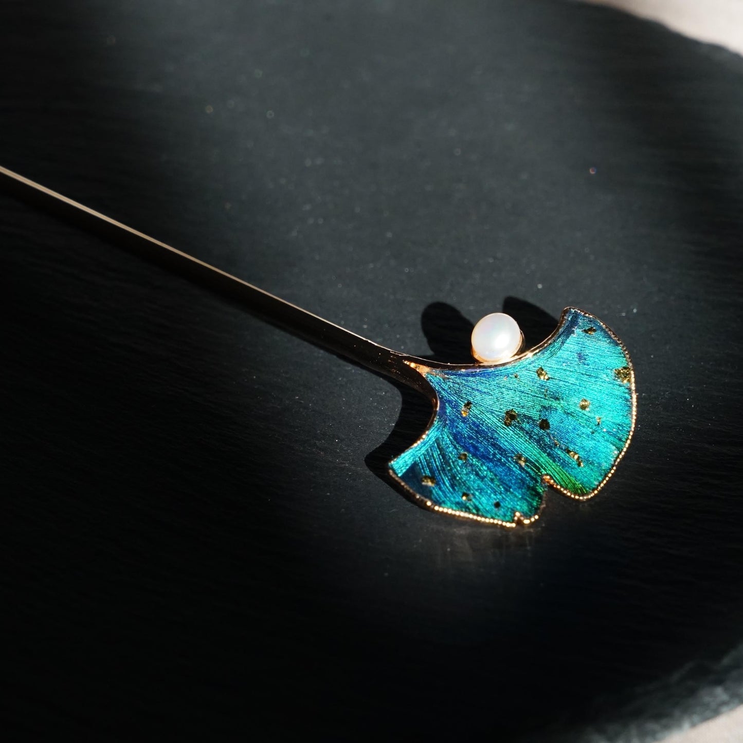Blue Ginkgo Leaf Hair Stick, Peacock Feather Hairpin, Gold Leaf & Pearl Jewelry, Art Nouveau Botanical, Meaningful Gift for Her