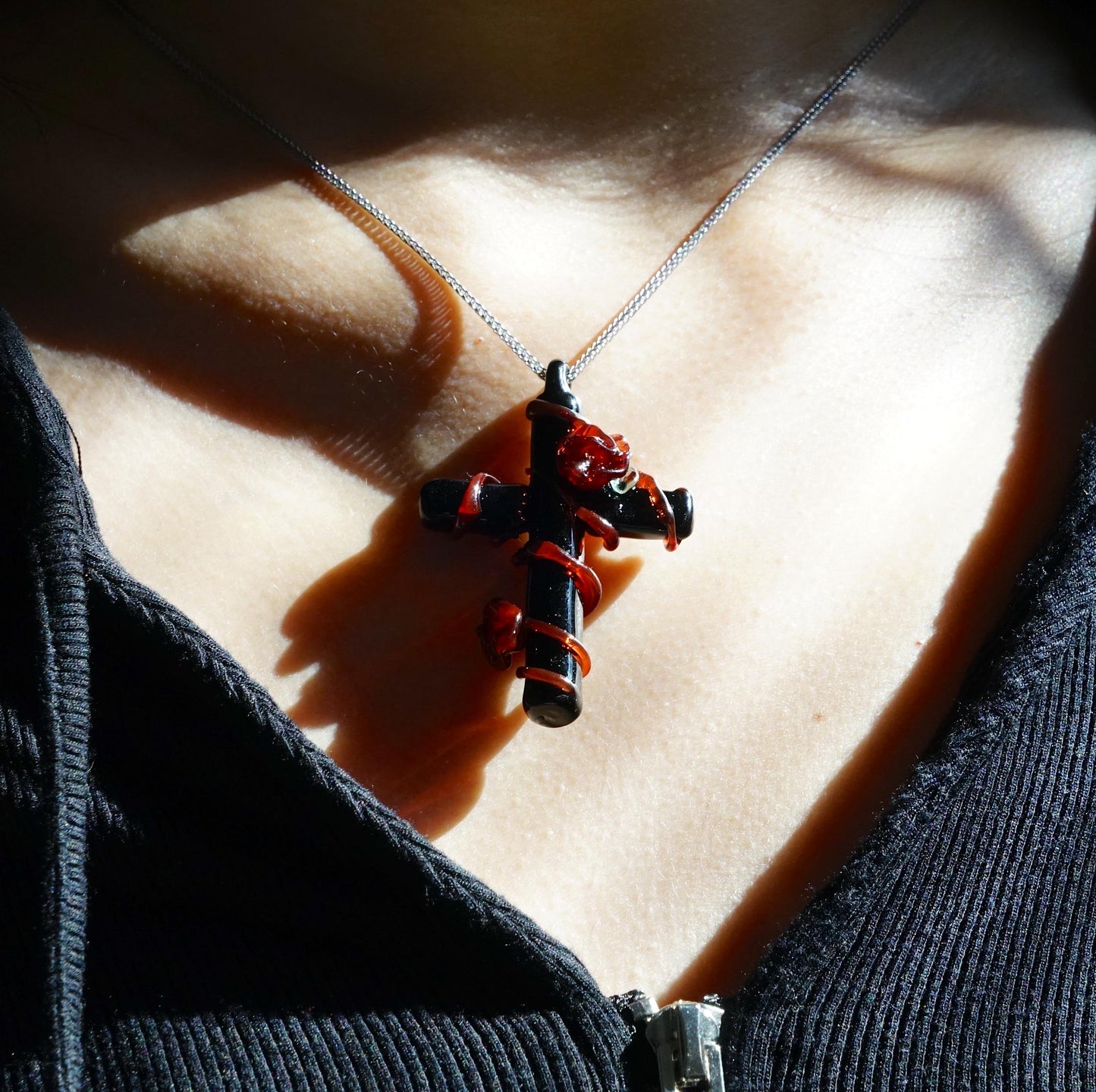Vampire Goth Cross Necklace, Bleeding Rose Thorn Pendant, Lampwork Glass Black Red Jewelry, Dark Romantic Whimsigoth Gift