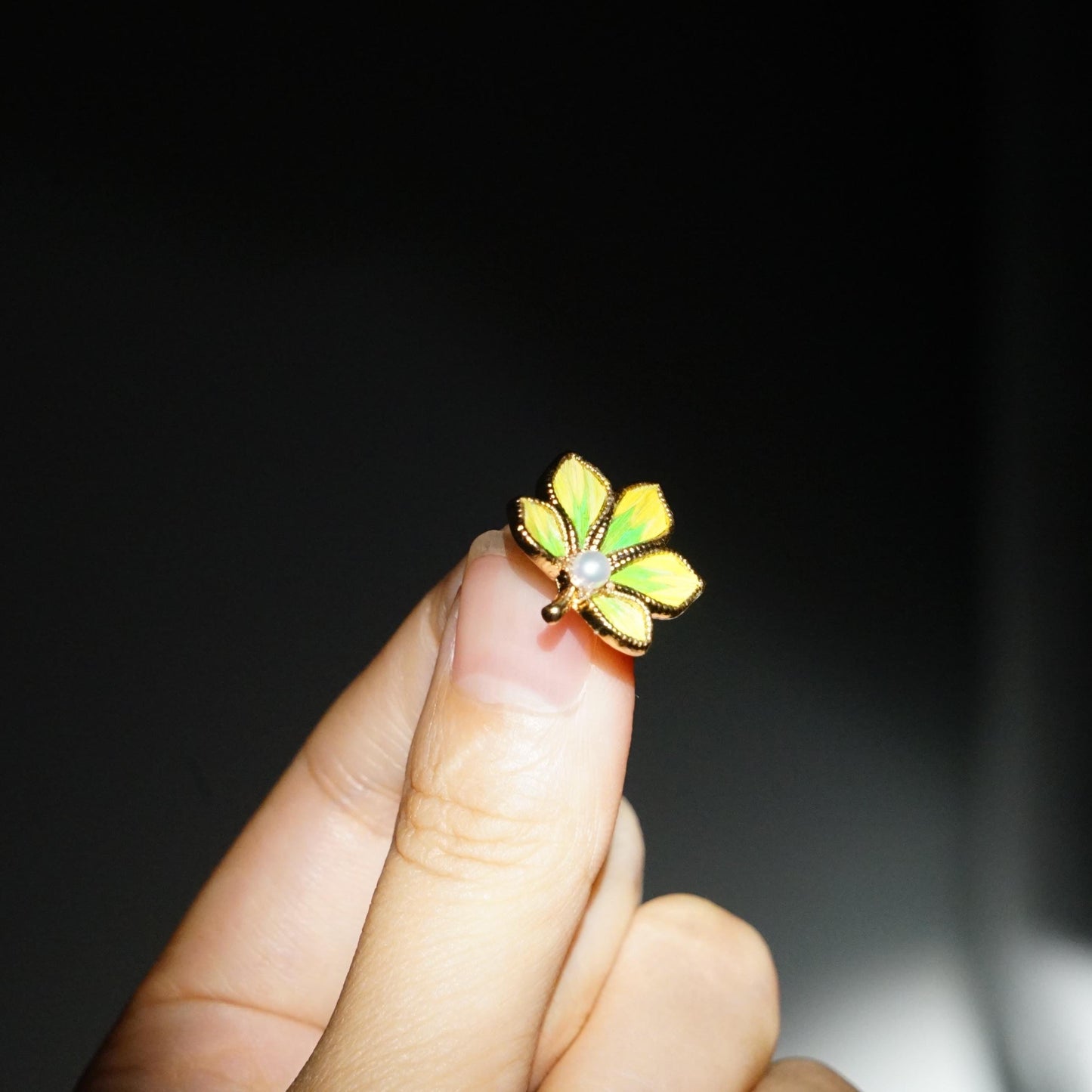 Green Maple Leaf Stud Earrings with Feather & Pearl, Handmade Botanical Jewelry, Unique Nature Gift for Her