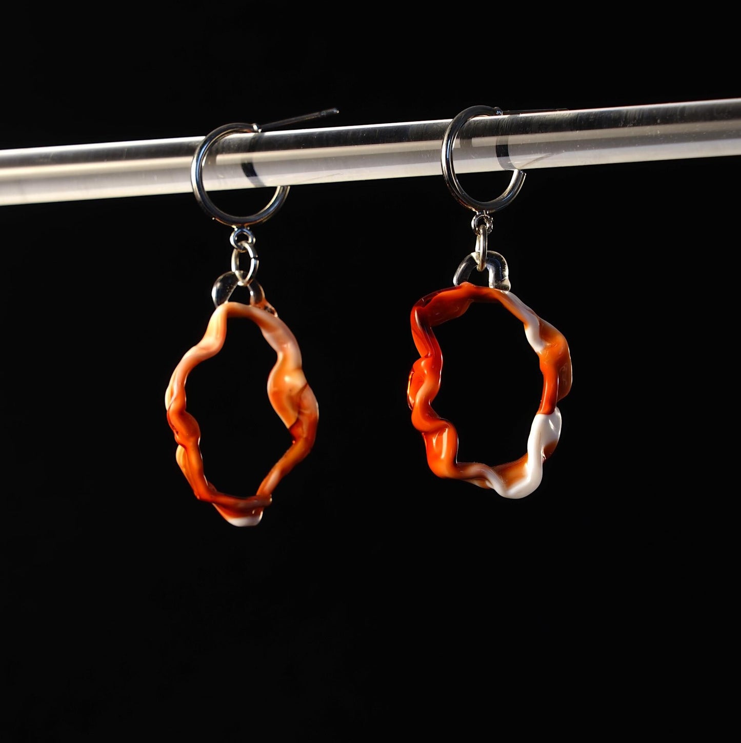 Lampwork Glass Candy Cane Earrings, Red & White Abstract Swirl Dangles, Unique Gift for Her