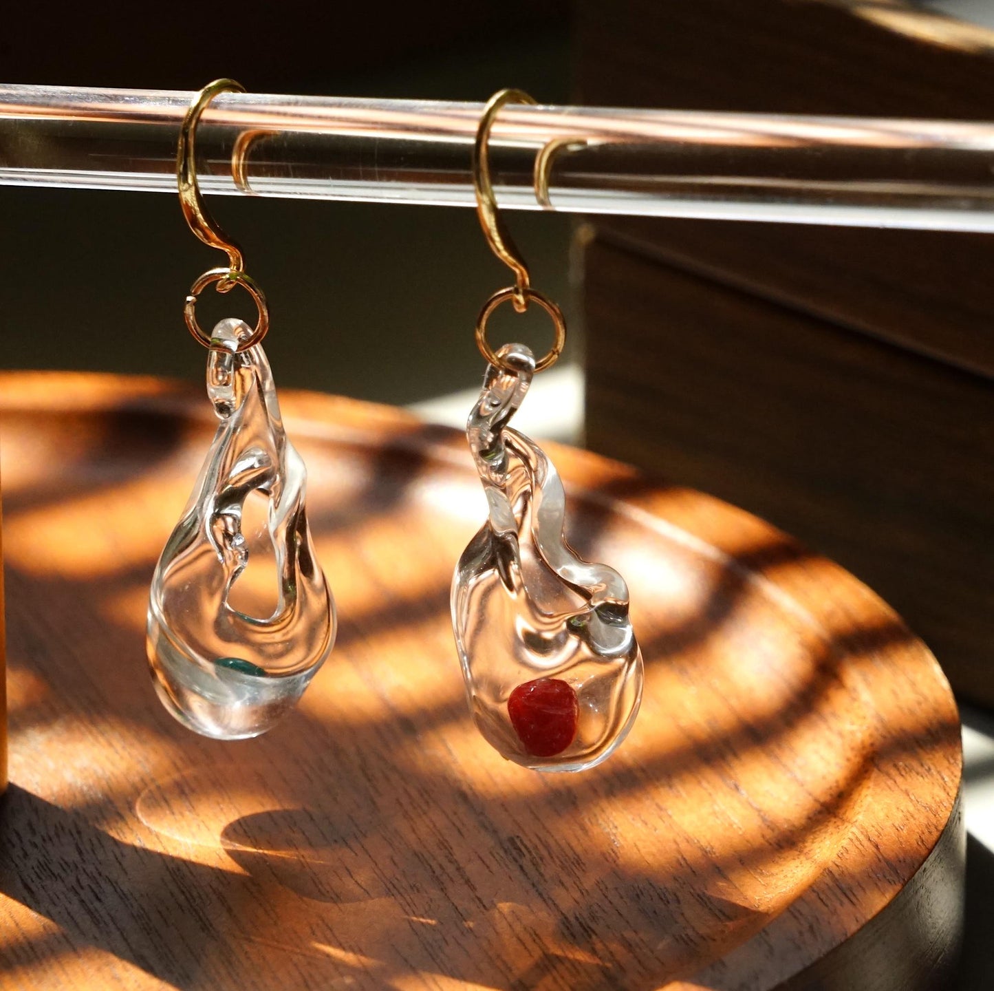 Christmas Bauble Lampwork Glass Earrings, Red & Green Orb Teardrop Dangles, Gold Plated 925 Silver Gift