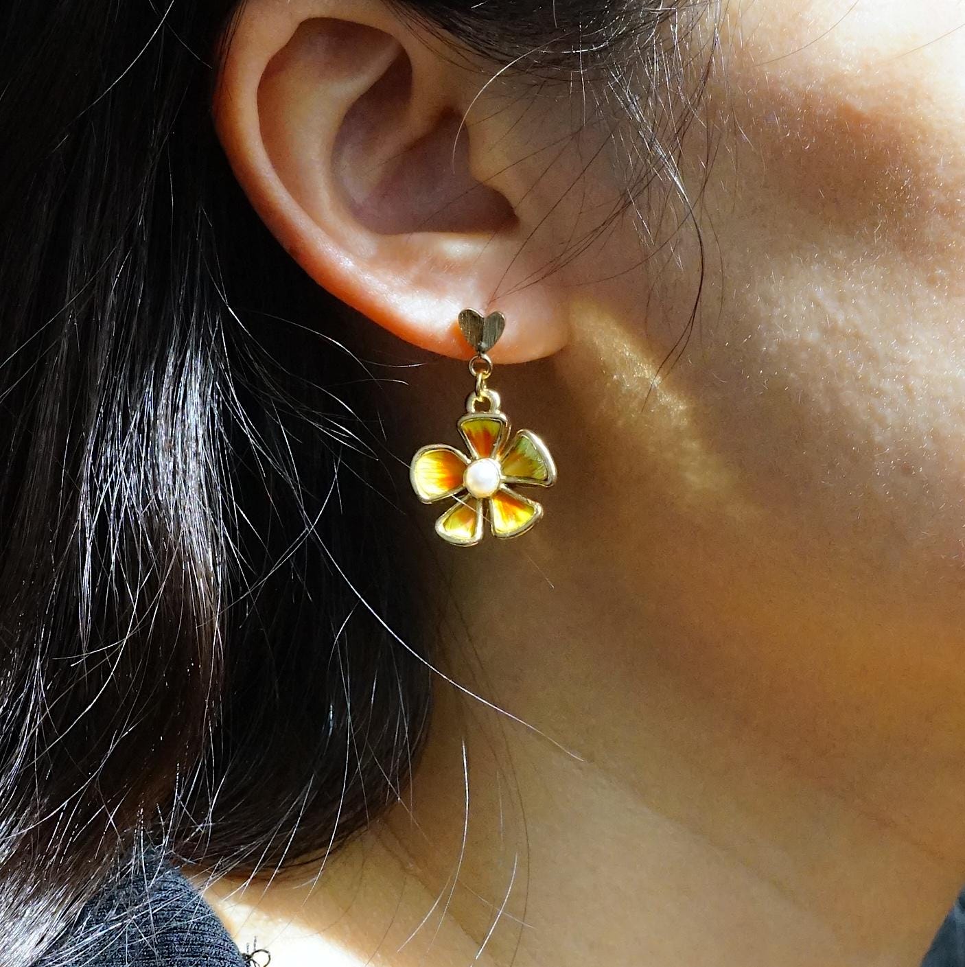 Golden Flower Earrings with Pearl & Feather, Vintage Style Dian Cui Floral Dangle, Unique Artisan Jewelry Gift for Her