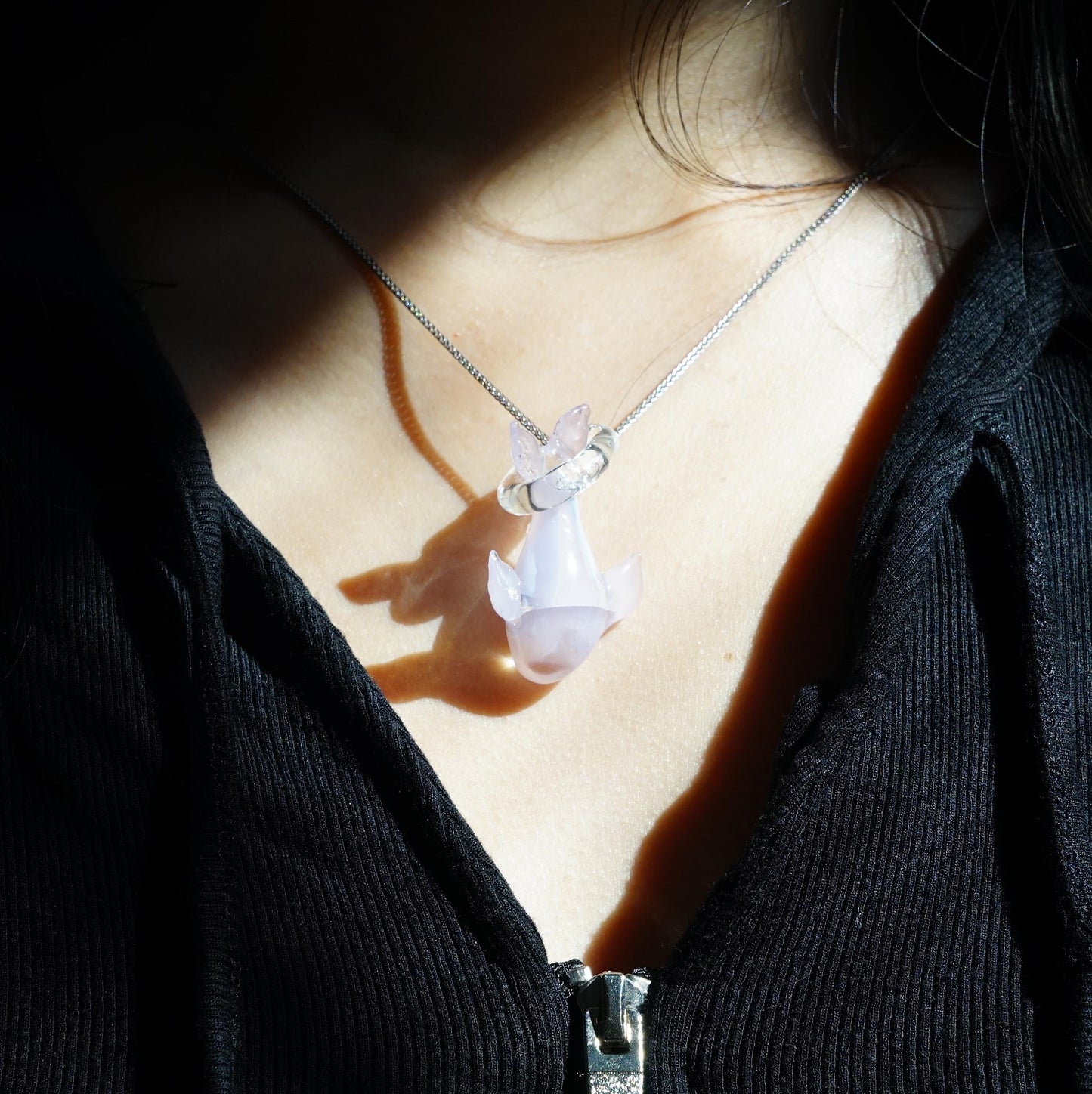 Glass Dolphin Pendant Necklace - Lampwork Marine Animal Jewelry - Unique Ocean Theme Statement Gift