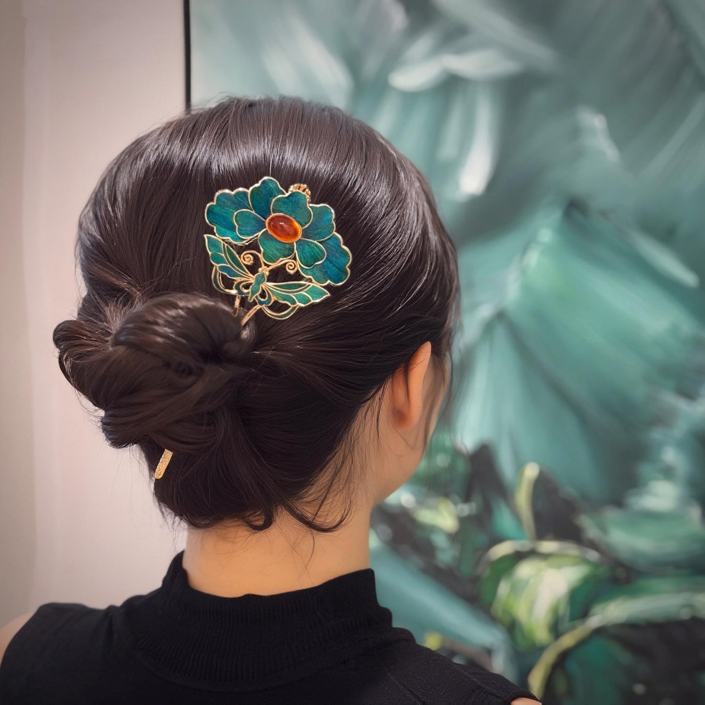 Dian Cui Butterfly Hairpin with Red Agate, Vintage Floral Hair Stick, Art Piece Gift for Her