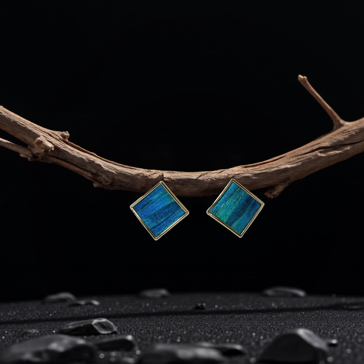 Minimalist Gold Peacock Feather Earrings, Modern Art Deco Studs, Square Dian Cui Jewelry, Elegant Gift for Her
