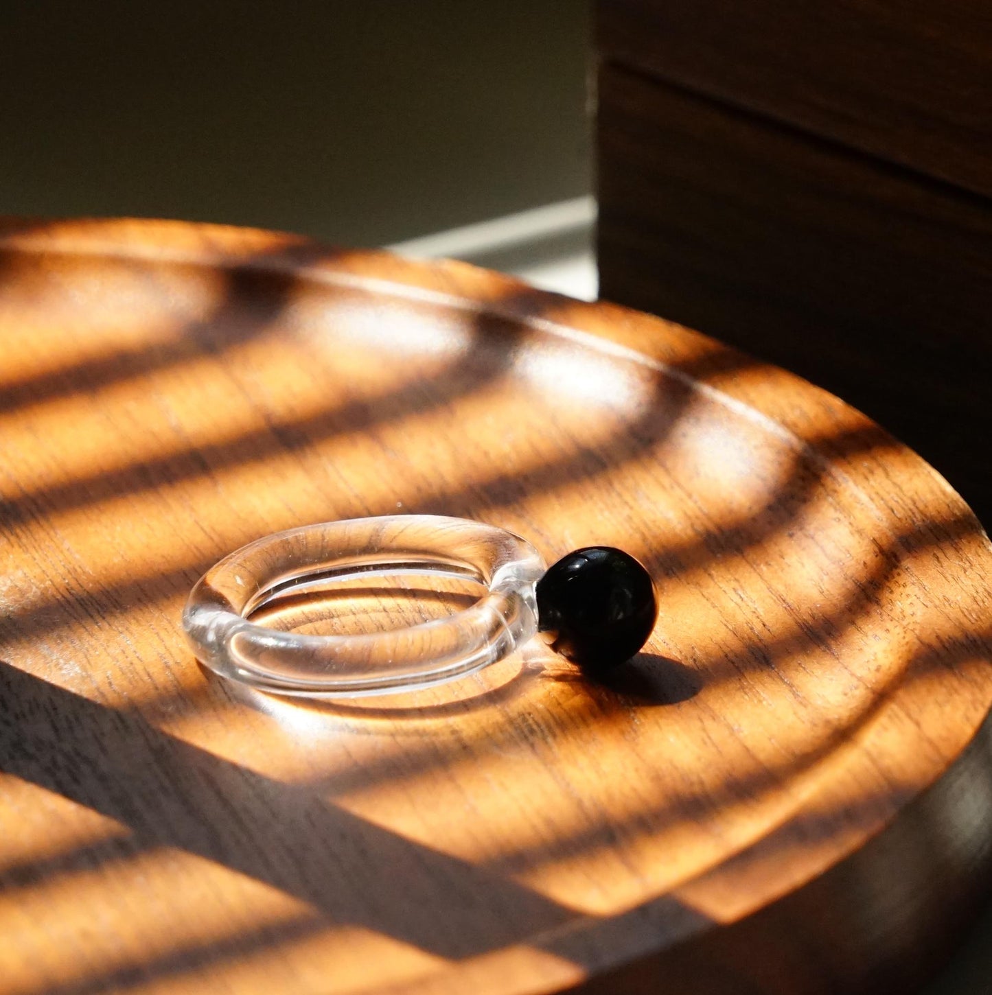 Minimalist Black Solitaire Lampwork Ring, Clear Borosilicate Glass Art Jewelry, Modern Contrast Gift