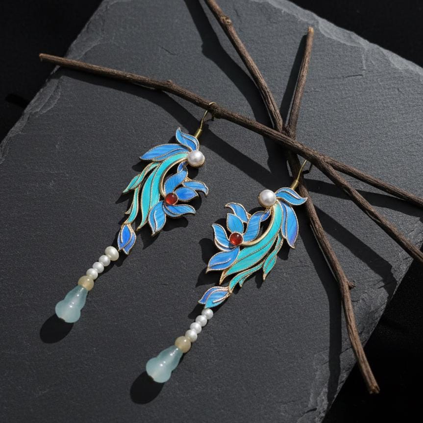 Blue Iris Flower Drop Earrings, Feather Art Nouveau Jeweley, Vintage Style Orchid Dangle, Unique Artisan Gift for Her
