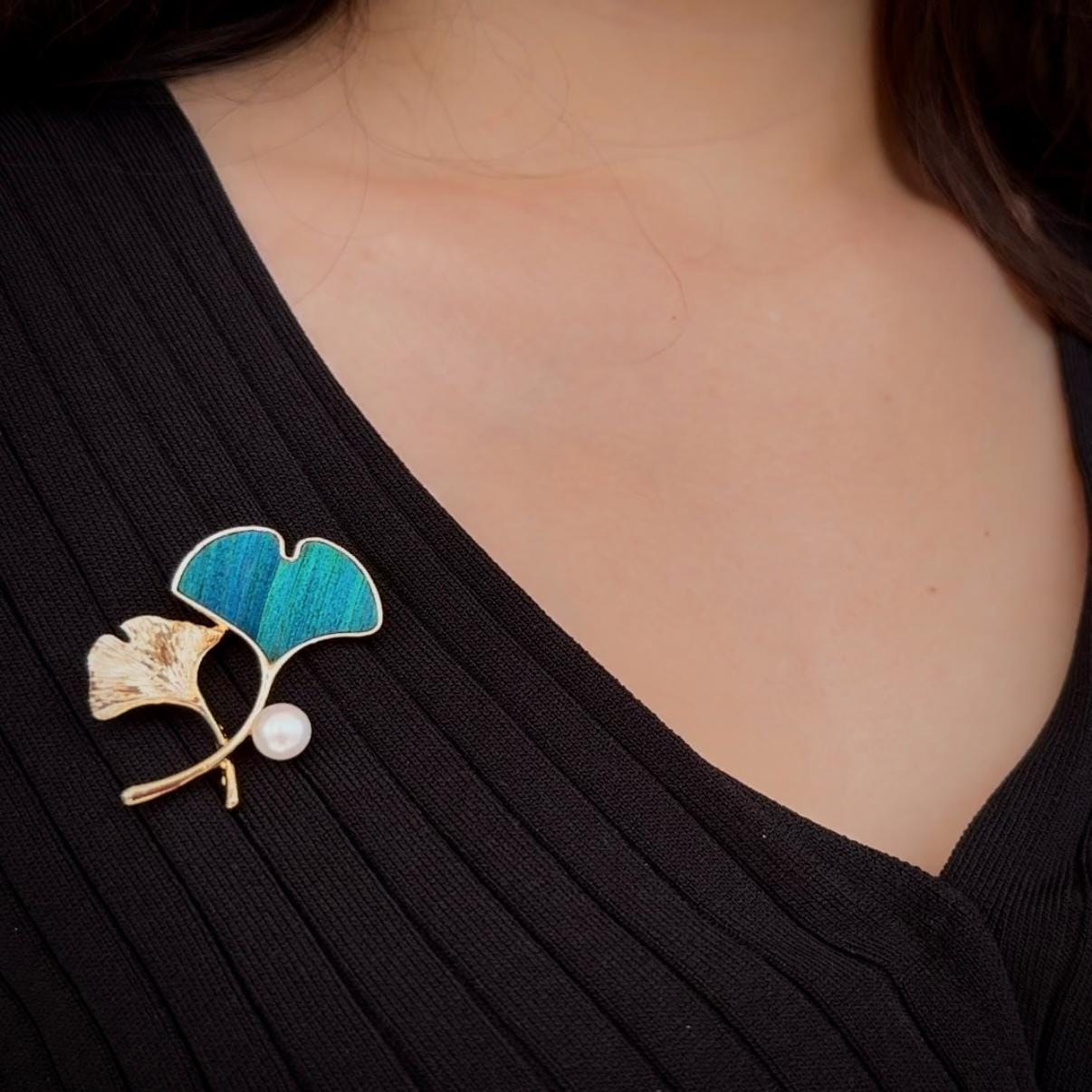 Ginkgo Leaf Brooch with Pearl