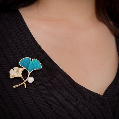 Ginkgo Leaf Brooch with Pearl