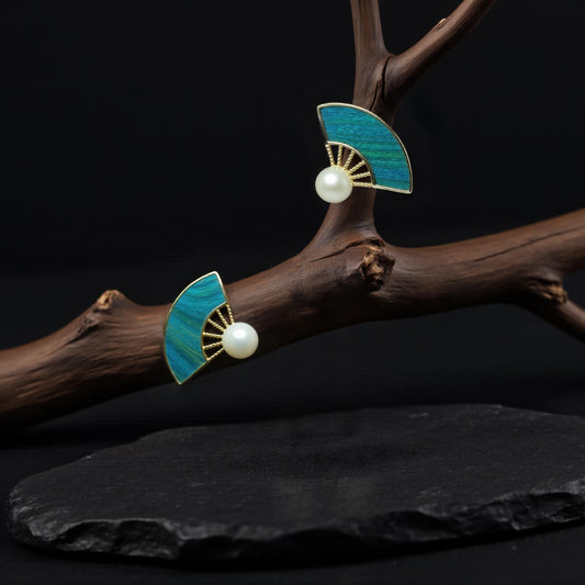 Fan Earrings with Pearl, Vintage Style Peacock Feather Jewelry, Unique Gift for Her, Customizable