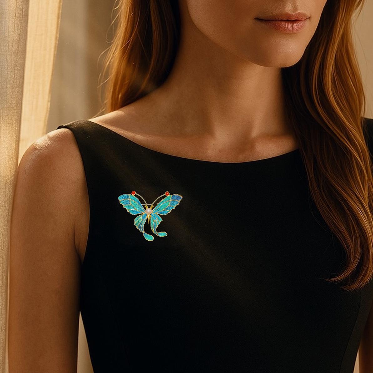 Butterfly Brooch With Pearl, Vintage Style Dian Cui/Tian Tsui Pin, Unique Christmas Gift