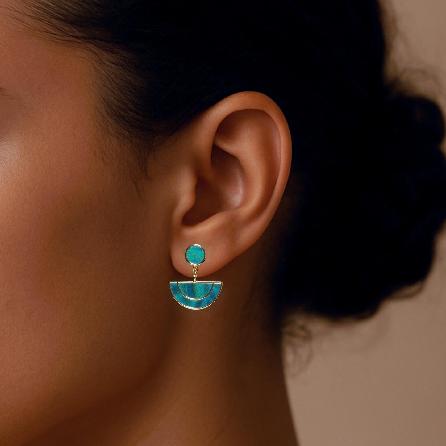 Feather Inlay Earrings: Handmade Gold & Teal Peacock Jewelry