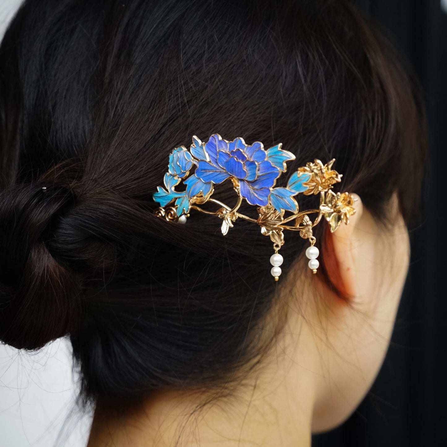 Artisan Floral Hair Pin with Feather & Pearls, Statement Hairpiece, Special Occasion Updo, Dian Cui/ Tian Tsui Art