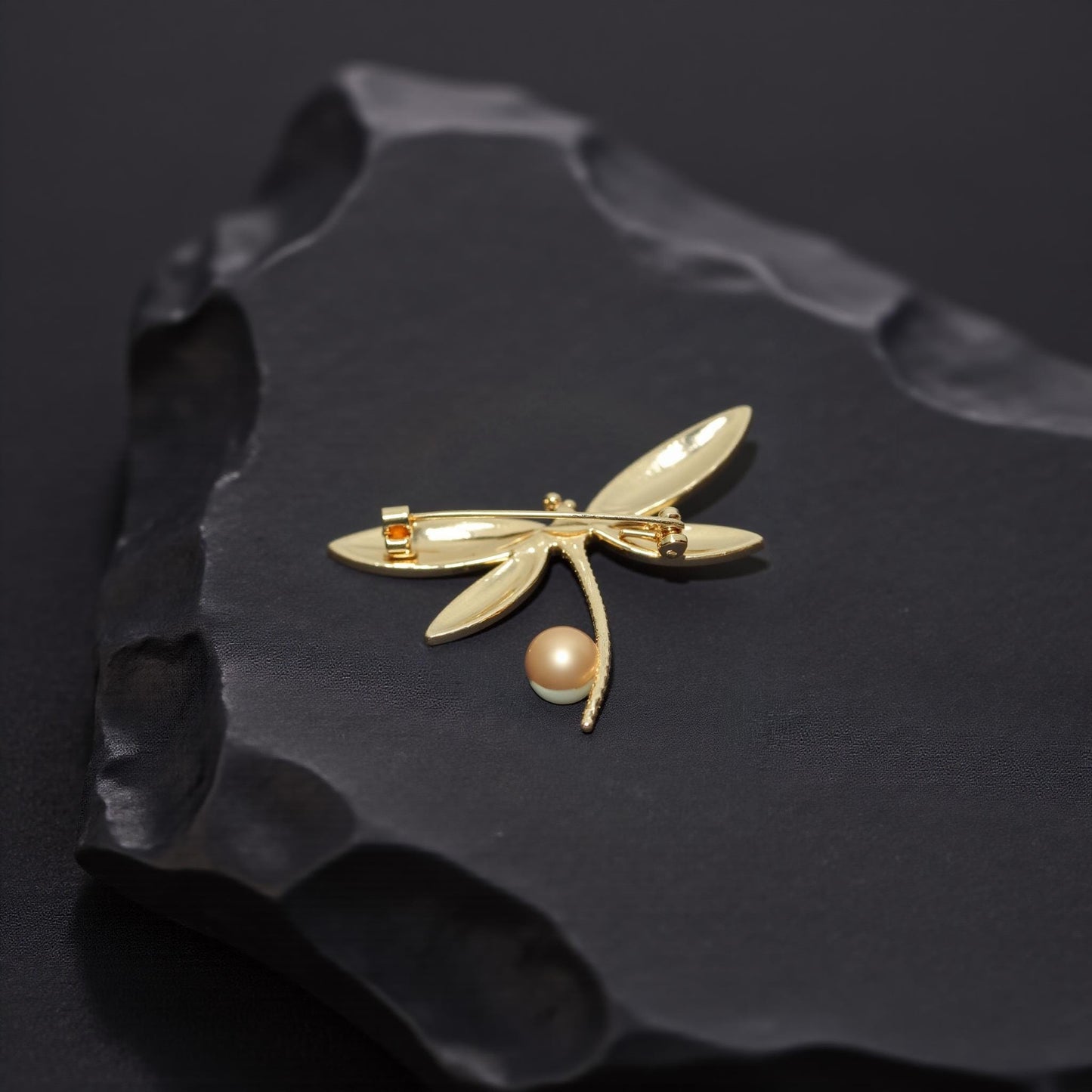 Dragonfly Brooch with Pearl Drop, Art Nouveau Peacock Feather Pin, Transformation Symbol Gift for Her