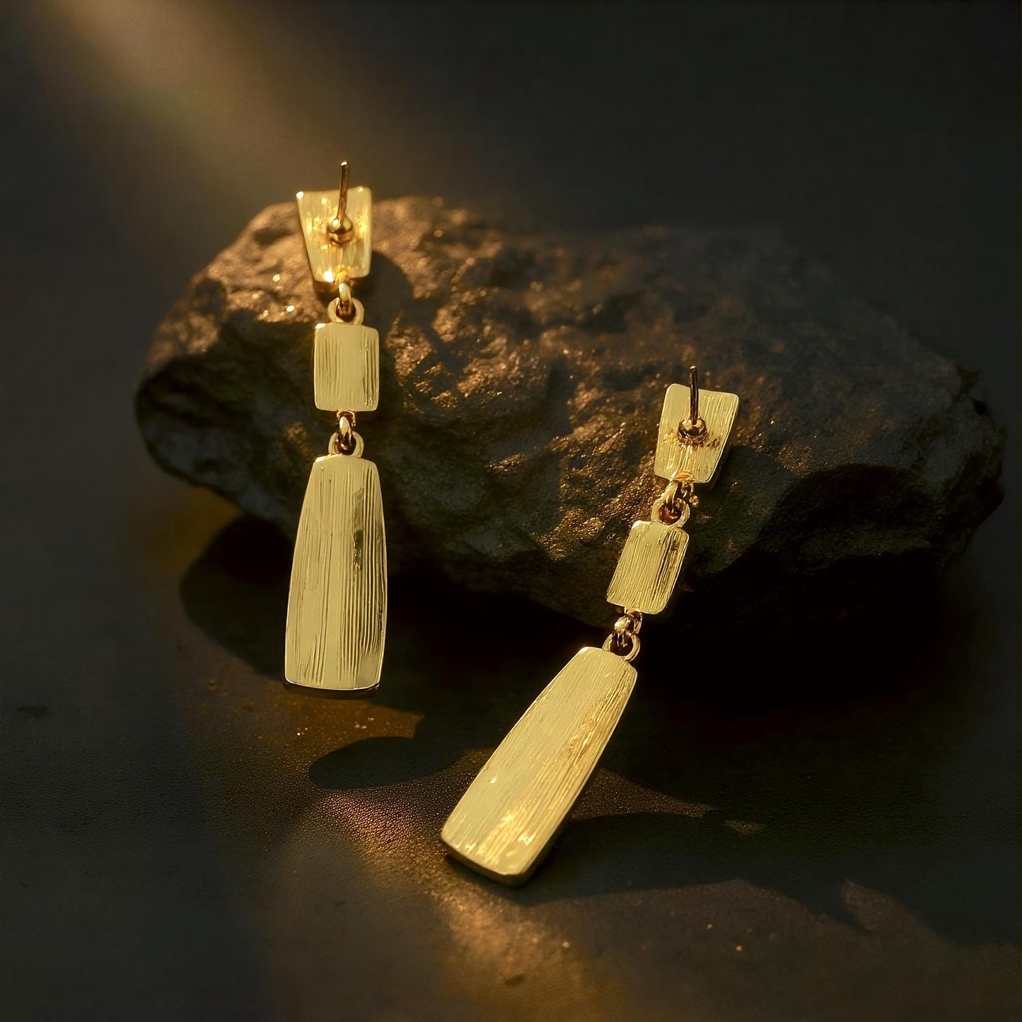 Art Deco Earrings with Peacock Feather, Long Geometric Dangle, Architectural Jewelry, Statement Gift for Her