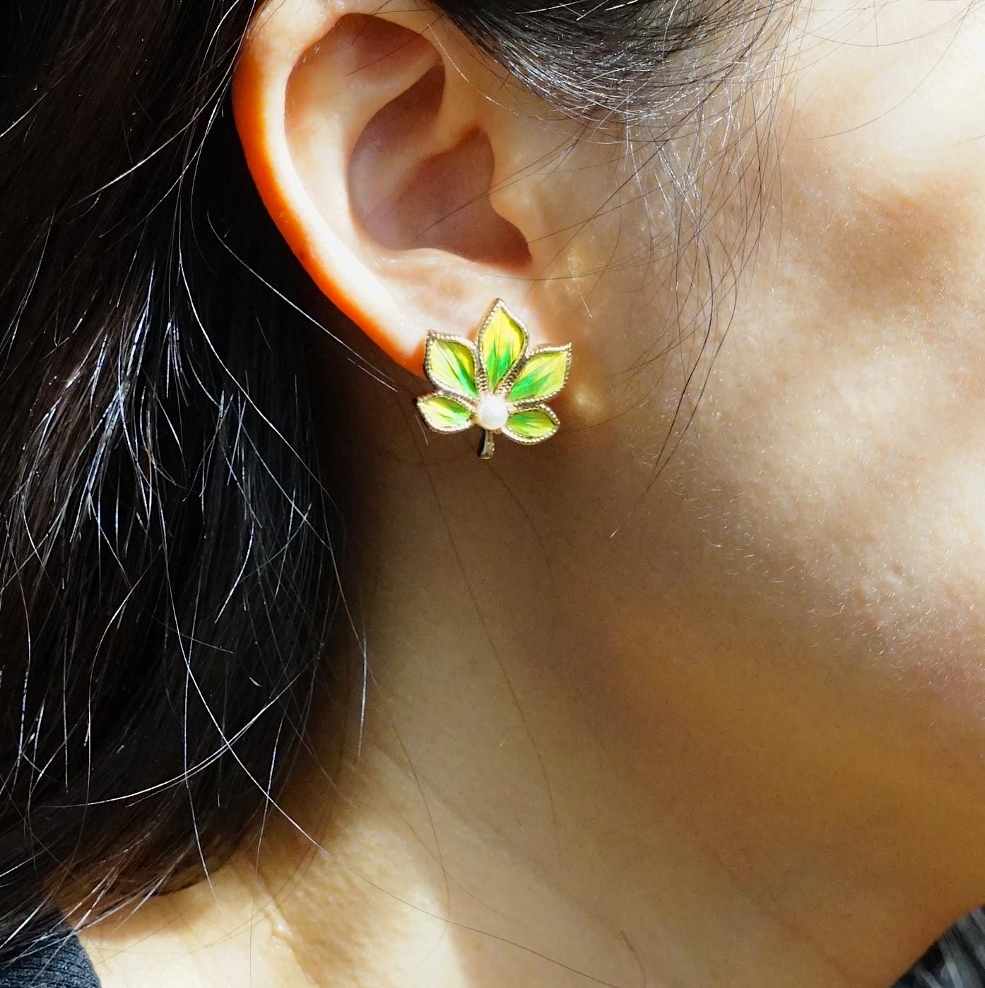 Green Maple Leaf Stud Earrings with Feather & Pearl, Handmade Botanical Jewelry, Unique Nature Gift for Her