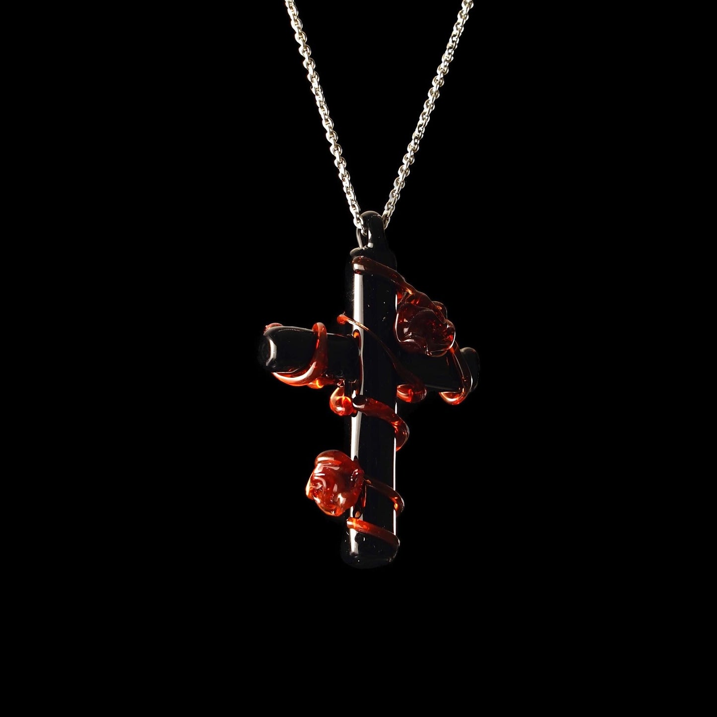 Vampire Goth Cross Necklace, Bleeding Rose Thorn Pendant, Lampwork Glass Black Red Jewelry, Dark Romantic Whimsigoth Gift