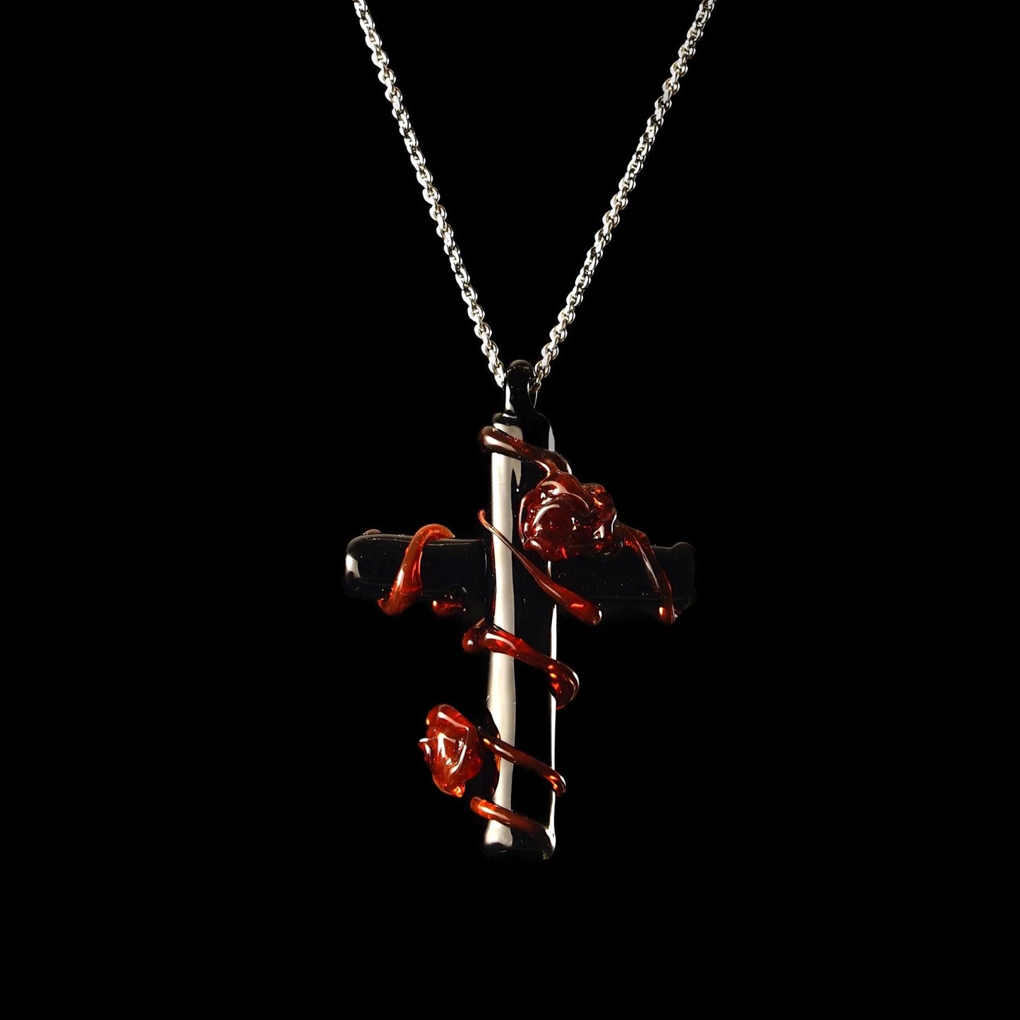 Vampire Goth Cross Necklace, Bleeding Rose Thorn Pendant, Lampwork Glass Black Red Jewelry, Dark Romantic Whimsigoth Gift