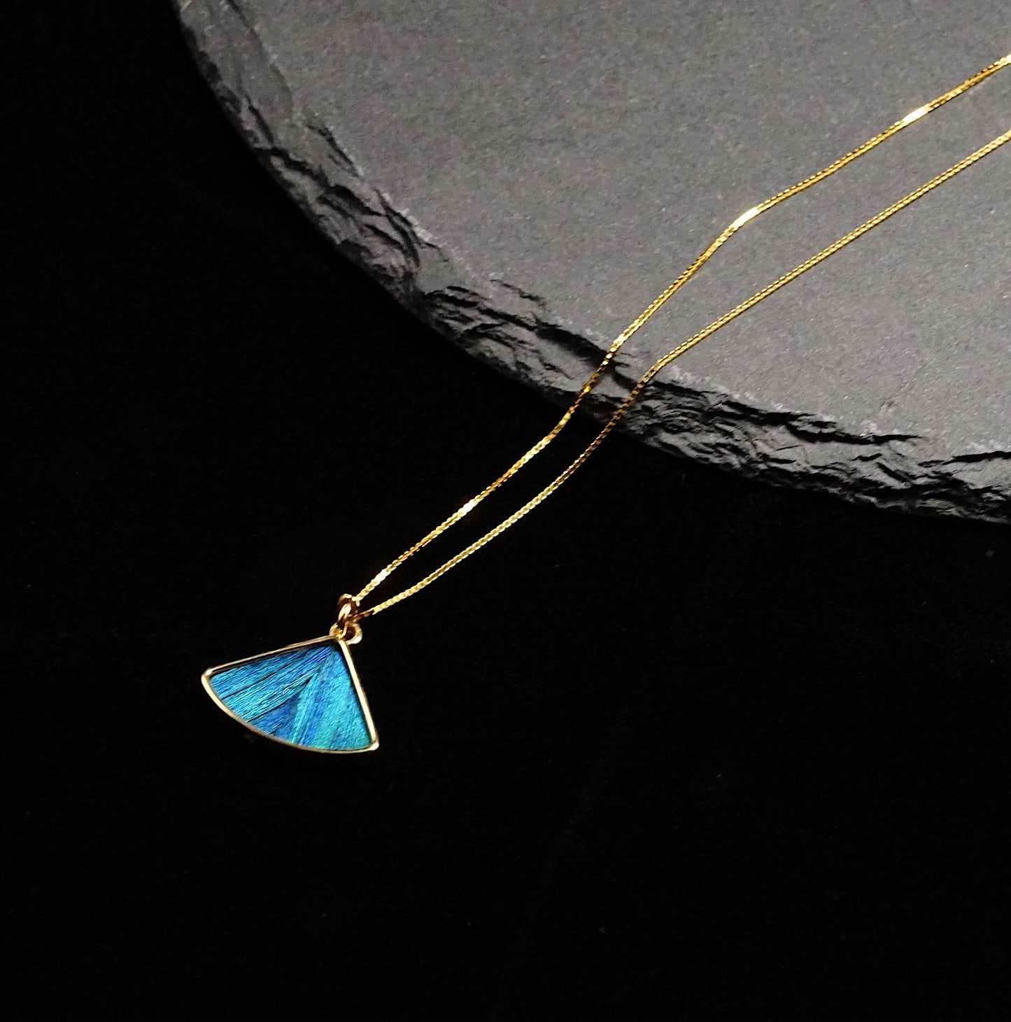 Elegant Blue Pendant, Minimalist Gold Necklace with Peacock Feather, Dainty Geometric Jewelry, Gift for Her