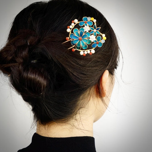 Exquisite Floral Hair Pin, Fine Peacock Feather Art, Classic Chinoiserie Jewelry, Statement Gemstone Hairpiece