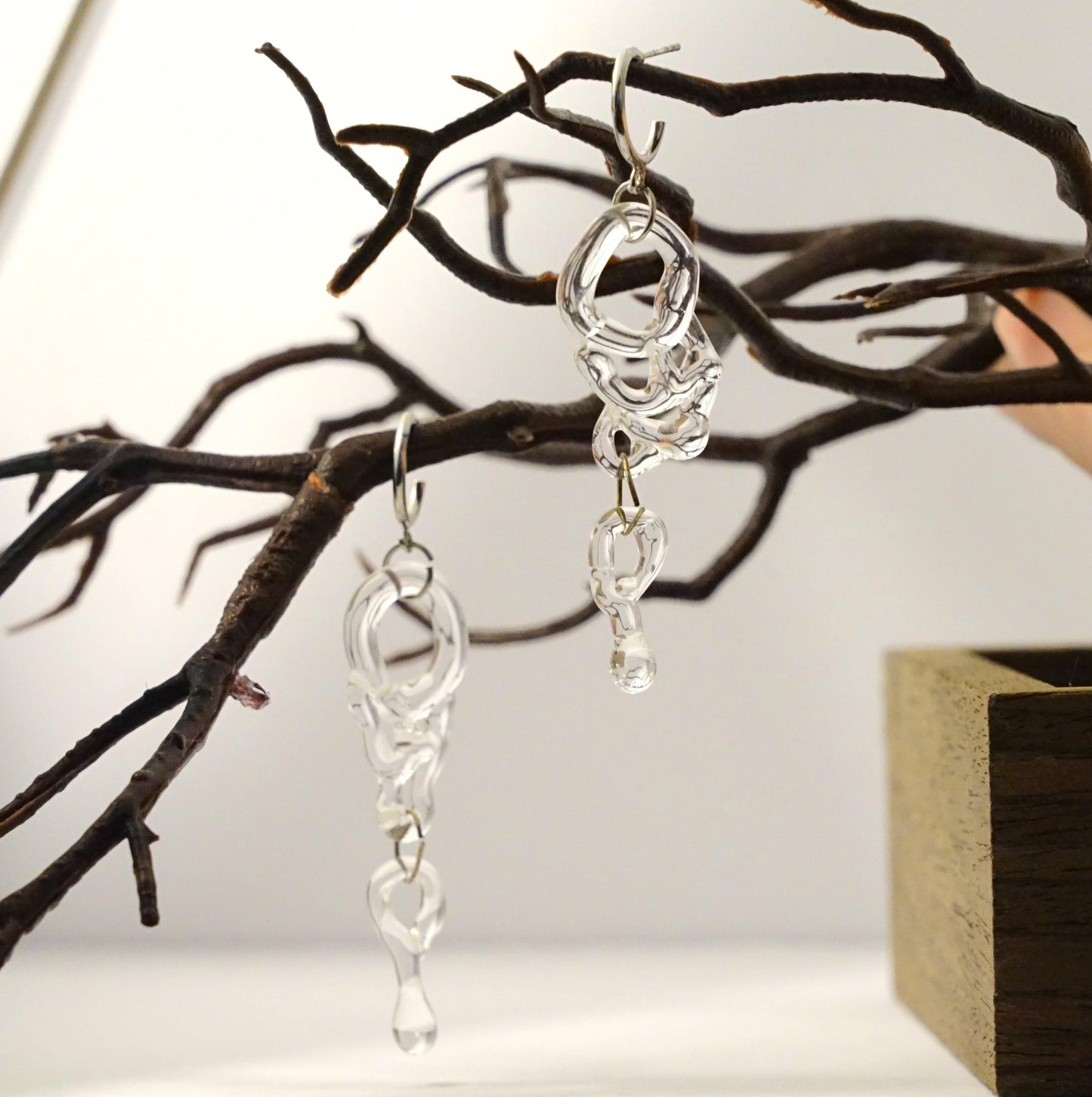 Clear Glass Chain Earrings, Handmade Lampwork Dangle, Sterling Silver Hooks, Modern Minimalist Jewelry, Unique Gift for Her